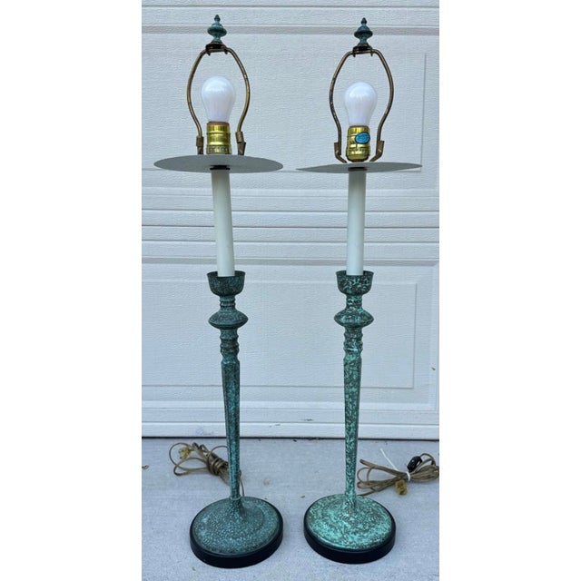 Pair of Vintage Frederick Cooper Verdigris Candlestick Buffet Table Lamps For Sale - Image 15 of 18