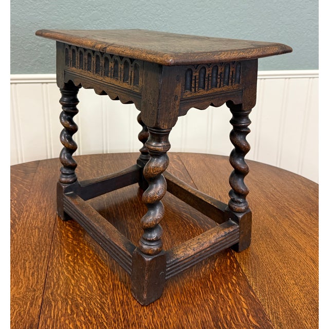 Antique English Footstool Bench Stool Joint Stool Barley Twist Carved Oak c.1900 For Sale - Image 16 of 16