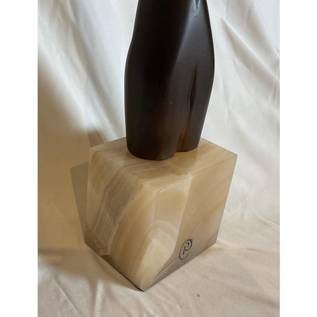 Stone Hand-carved teak sculpture on alabaster base For Sale - Image 7 of 7