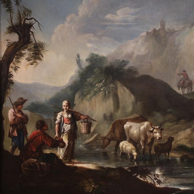 Italian Artist, Landscape with Genre Scene, 1750, Oil on Canvas For Sale - Image 3 of 13