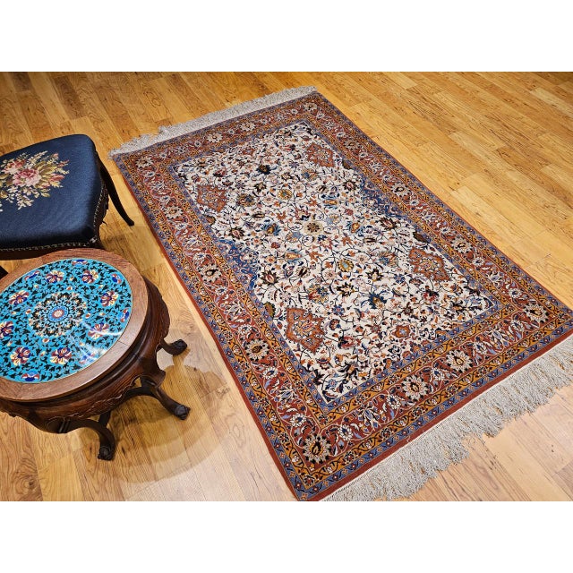 Vintage Persian Isfahan Rug, Hand-Knotted Wool & Silk, Allover Floral Pattern, Ivory & Brick-Red, 4x6 For Sale - Image 10 of 18