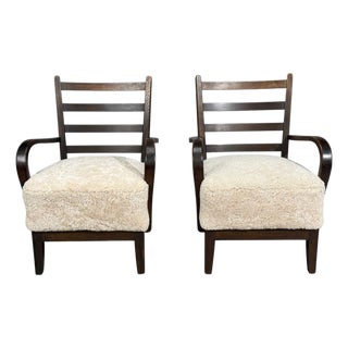 German Modern, Lounge Chairs, Oak, Beige Shearling, Germany, 1940s For Sale