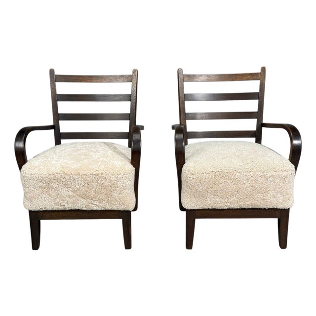 German Modern, Lounge Chairs, Oak, Beige Shearling, Germany, 1940s For Sale