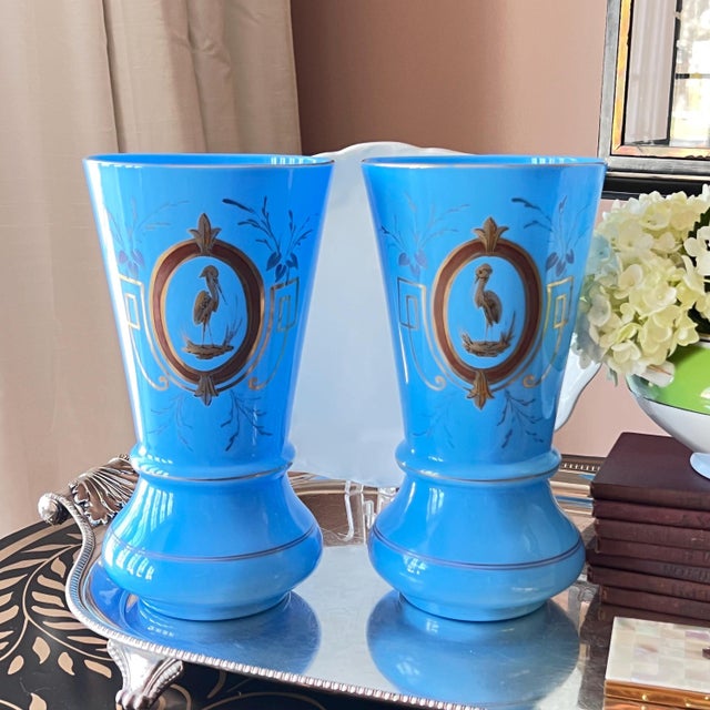 Large Pair of Antique Turquoise Blue Opaline Vases – Hand-Painted Heron Medallions, Gilt Accents For Sale - Image 4 of 9