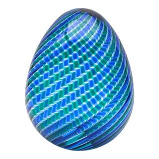Signed Venini Murano Canne Ritorte Blue & Green Art Glass Egg Sculpture, 1970s 7" For Sale