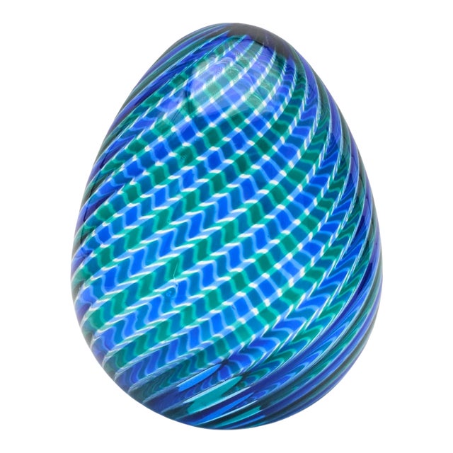 Signed Venini Murano Canne Ritorte Blue & Green Art Glass Egg Sculpture, 1970s 7" For Sale