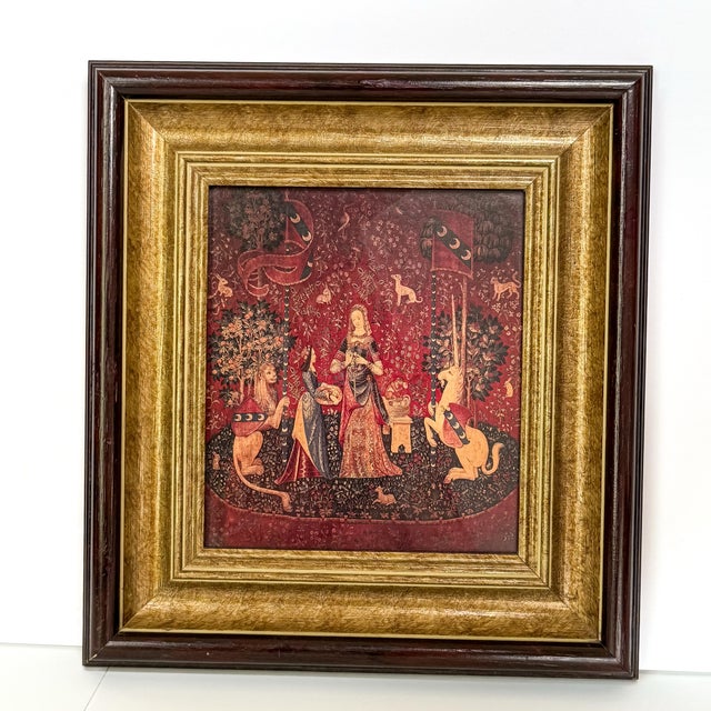 Gothic Late 20th Century Coordinating Pair of Framed Medieval Unicorn Tapestry Prints in Gilt and Mahogany-Tone Frames - Set of 2 For Sale - Image 3 of 12