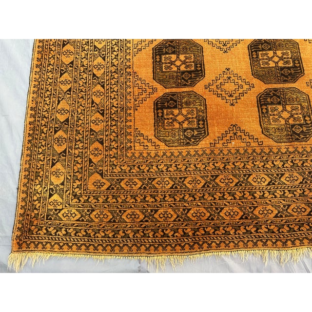 Vintage Afghan Turkoman Bokhara Rug – Tribal Geometric Wool Golden Living Room Carpet For Sale - Image 9 of 9