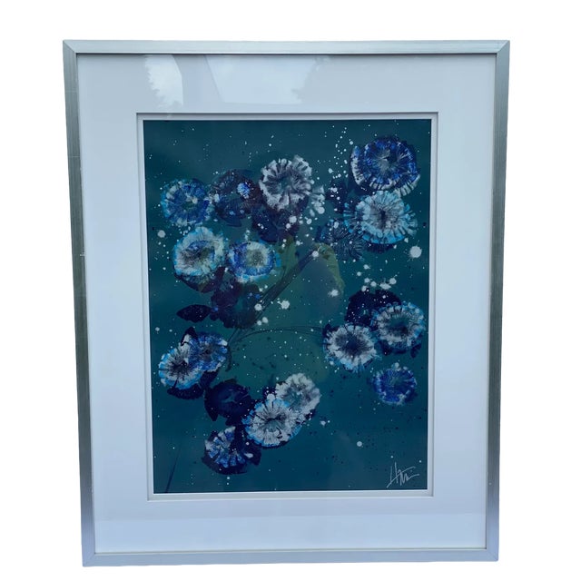 Blue Vintage Abstract Floral Mixed Media Art For Sale - Image 8 of 8