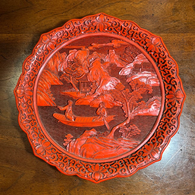 Vintage Chinese Cinnabar Decorative Display Plate For Sale - Image 4 of 9