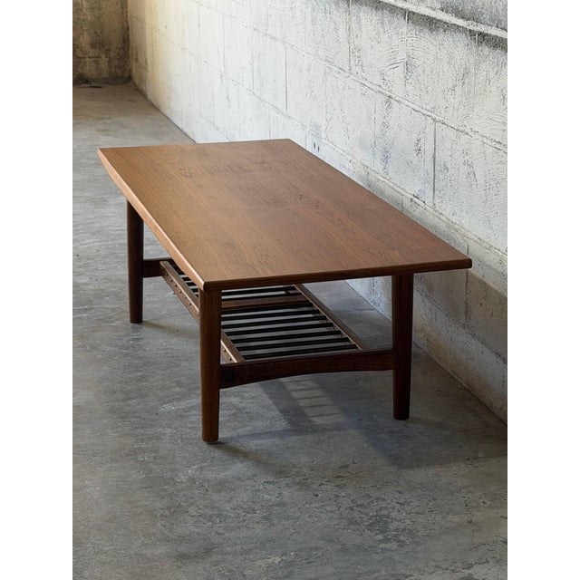 Solid Teak Rectangular Coffee Table With Slatted Magazine Shelf Danish Mid-Century Modern 1960s For Sale In Los Angeles - Image 6 of 8