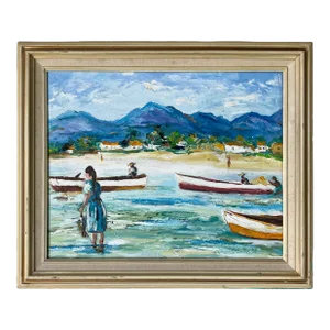 1980's J. P. Beattre Impressionist Fishing Village Oil on Canvas Painting, Framed
