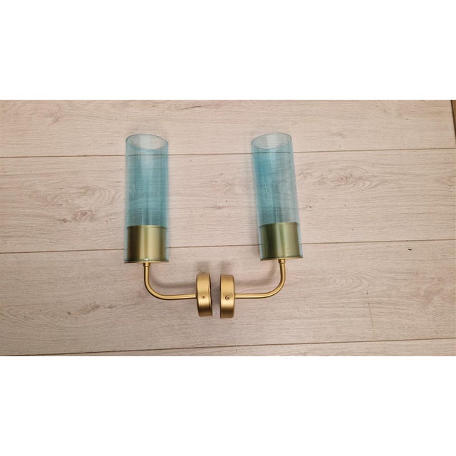 Wall Lamps in Brass with Blue Glass Tube, 1990s, Set of 2 For Sale - Image 10 of 15