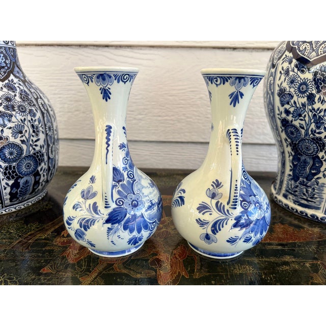 Blue Pair Petite Vintage Delft Vases Blue & White Windmilll Hand Painted Bud Vases For Sale - Image 8 of 18