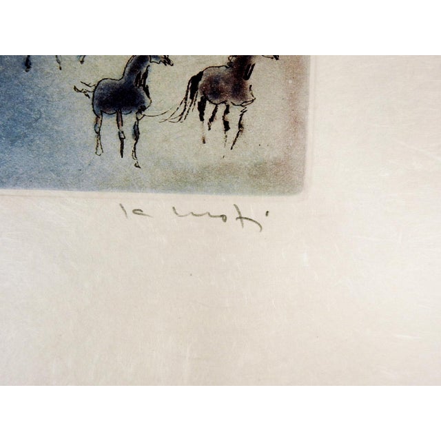Late 20th century aquatint etching in blue and muted aubergine on handmade paper of horses by Kaiko Moti (1921 - 1989)...