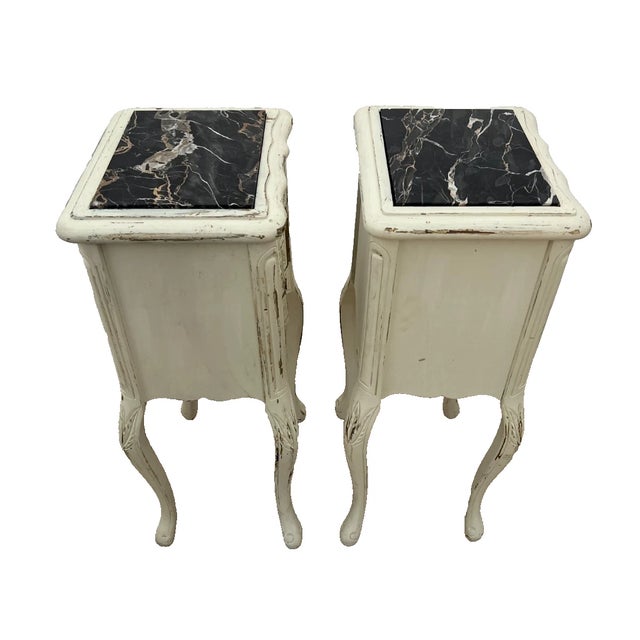 Early 20th Century French Nightstands Bedside Chests Marble Top Shabby Chic Distressed Petite Size For Sale - Image 4 of 11