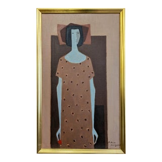 Mid-Century Modern 'Woman With a Red Flower' Vintage Figurative Oil Painting by Swedish Artist Fabian Lundqvist (1913-1989), Framed For Sale