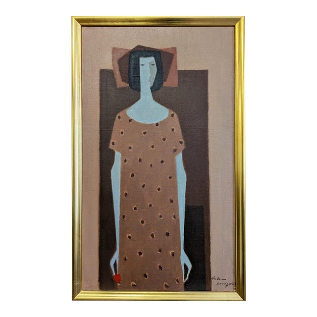 Mid-Century Modern 'Woman With a Red Flower' Vintage Figurative Oil Painting by Swedish Artist Fabian Lundqvist (1913-1989), Framed For Sale