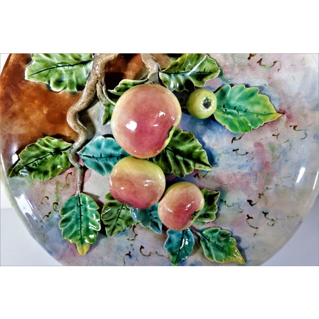 French Antique Majolica French Barbotine Palissy Charger/Plate Apples 13” For Sale - Image 3 of 8