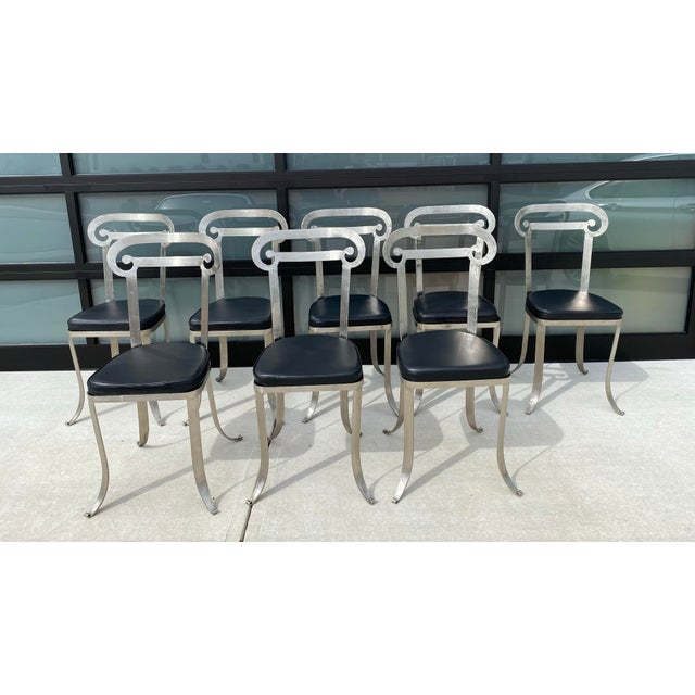One of a Kind. Set of 2 Jermaine Gallacher Hand Forged Iron Column Dining Chairs with leather seats. Iconic Klismos Greek...