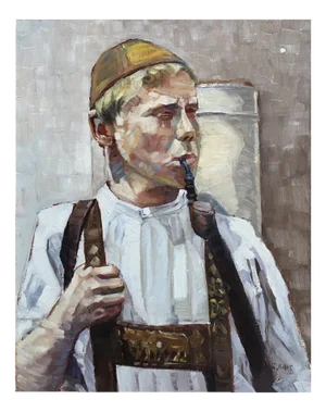 G. Baur, Berger des Alpes et sa pipe, Oil on Wood, Framed