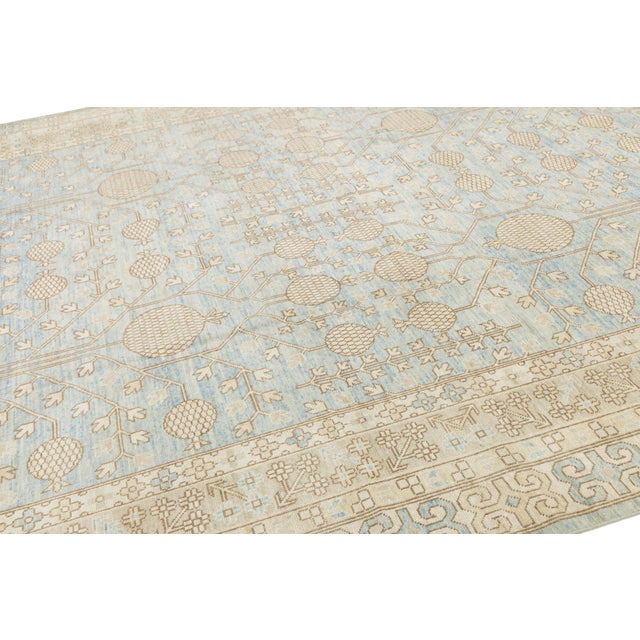 Modern Khotan Style Pomegranate Tree Rug – Sky Blue & Ivory Hand-Knotted Wool For Sale - Image 10 of 11