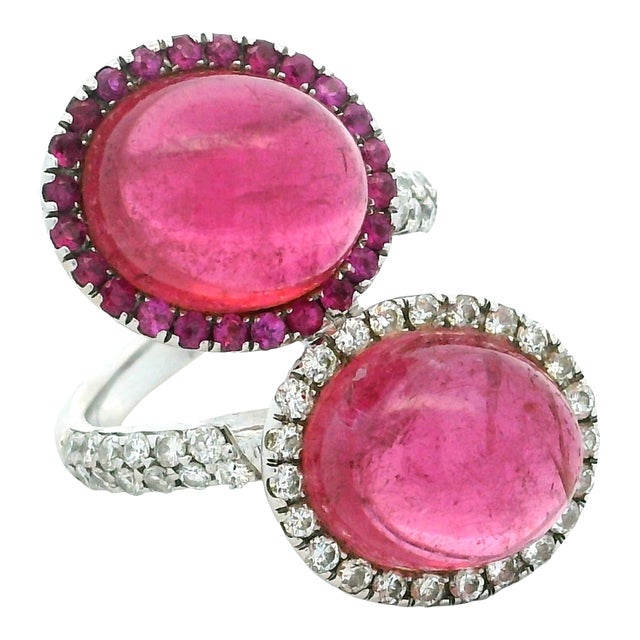 1980s Contemporary 18k White Gold Pink Tourmaline & Diamond Bypass Cocktail Ring, Size 6 For Sale