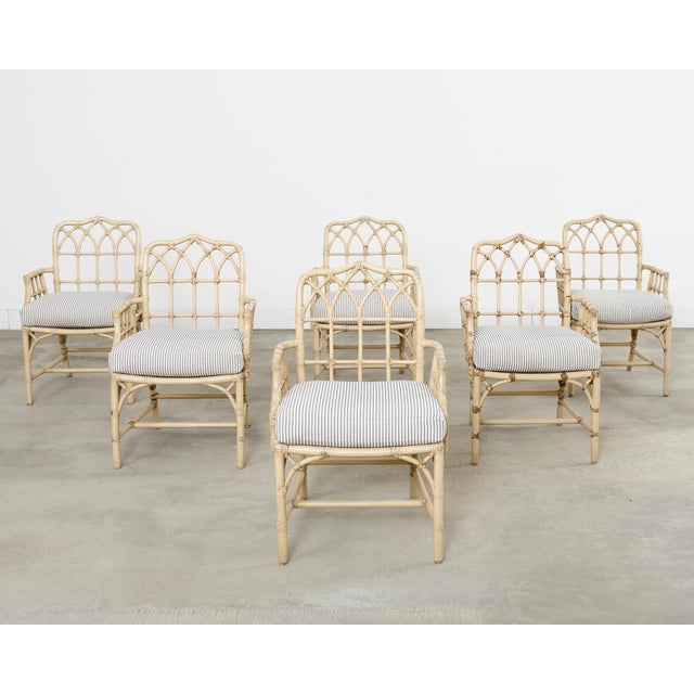 Contemporary Set of Six McGuire Rattan Cathedral Back Rattan Dining Chairs For Sale - Image 3 of 18