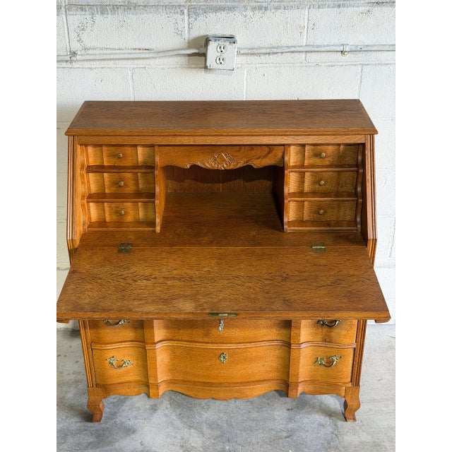 Oak Slant-Front Bureau Writing Desk With Storage Mid-Century Modern 1970s For Sale - Image 4 of 11