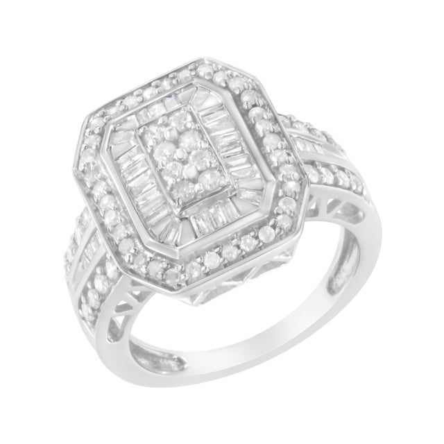 .925 Sterling Silver Round and Baguette Diamond Cathedral Ring (0.75 Cttw, H-I Color, I2-I3 Clarity) - Size 8 For Sale - Image 4 of 7