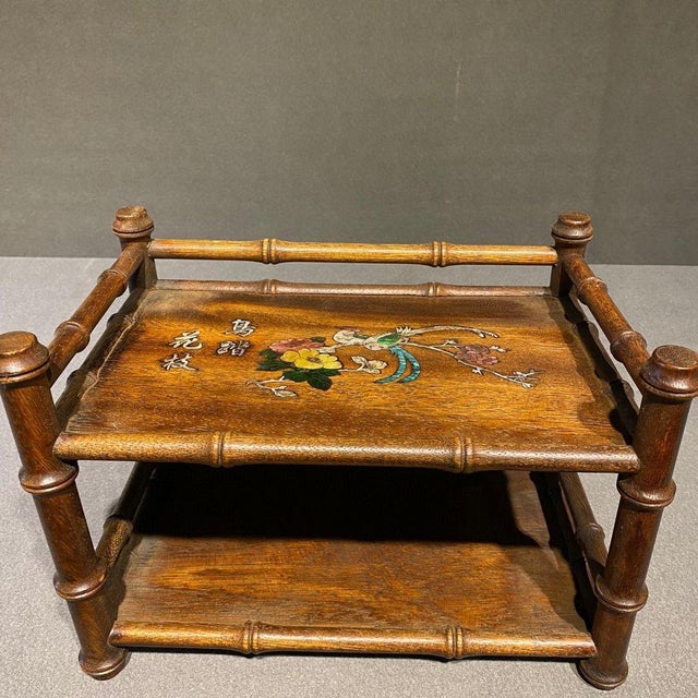 Vintage Chinese Rosewood Bamboo-Form Display Stand / Mother of Pearl Inlay Tea Shelf For Sale In Los Angeles - Image 6 of 9