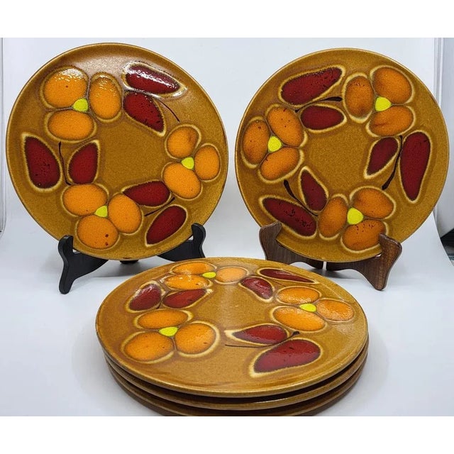 Vintage French Barbotine Orange and Red Dinner Plates from St Clément, 1950s, Set of 5 For Sale - Image 4 of 9