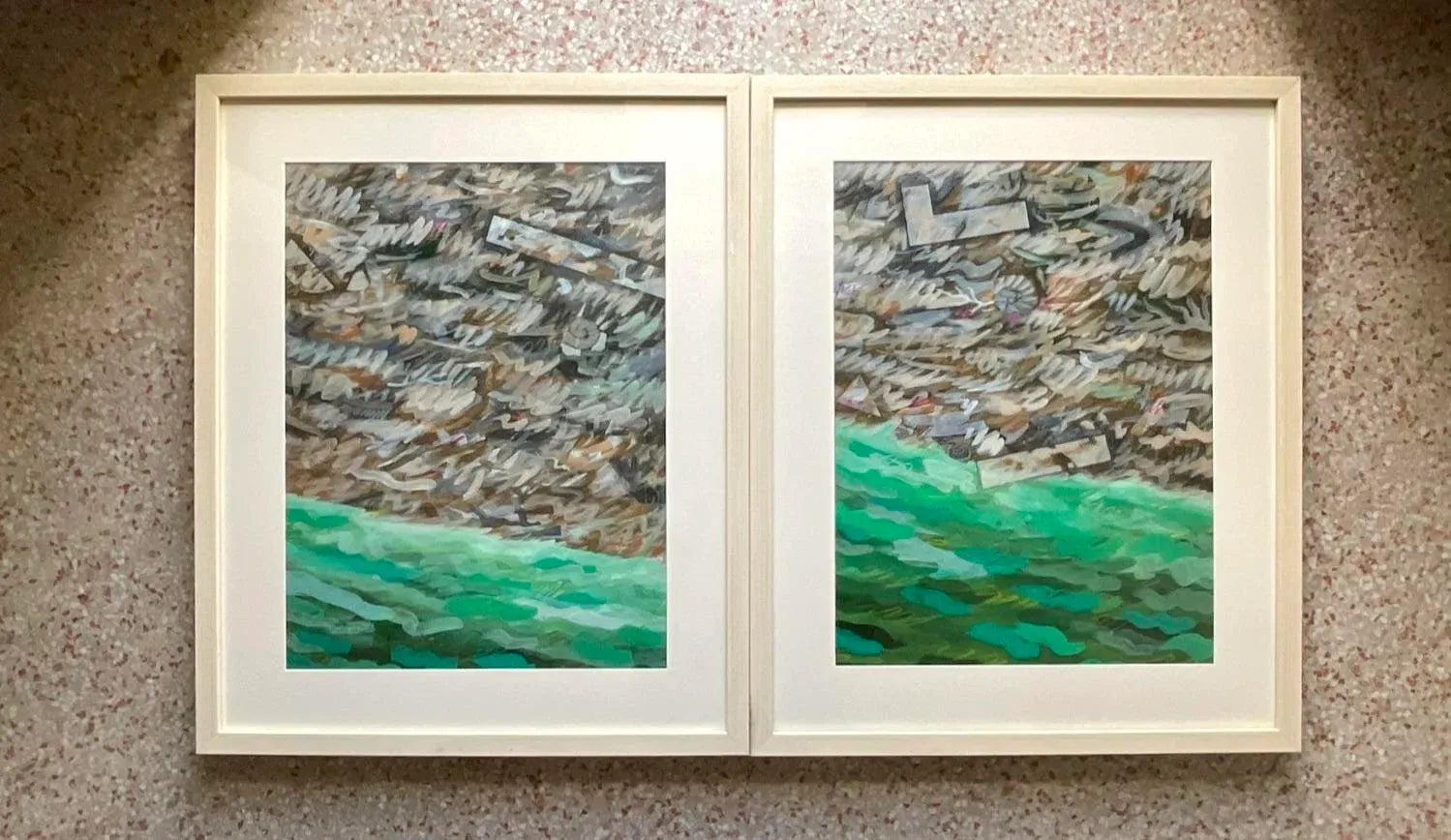 Vintage Boho Original Oil on Paper Abstract Painting - a Pair - Side view