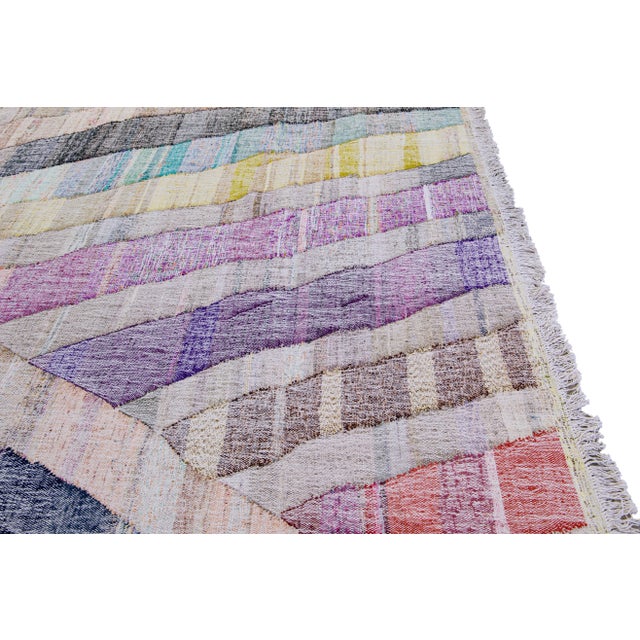 Vintage Turkish Kilim Flatweave Geometric Multicolor Wool Rug For Sale - Image 10 of 11
