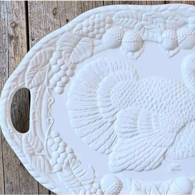 Farmhouse Mid-20th Century White Ceramic Embossed Turkey Platter With Handles For Sale - Image 3 of 6