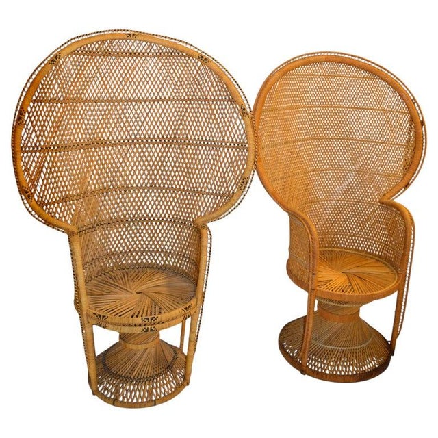 English 1970s Him & Her Boho Chic Handcrafted Beige & Black Wicker, Rattan, Reed Peacock Chair For Sale - Image 3 of 10