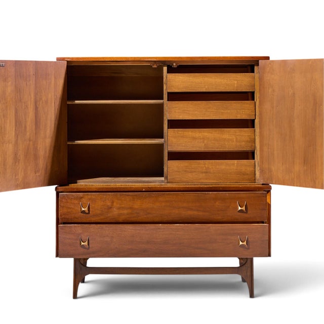 Broyhill Brasilia Mid Century Walnut and Brass Gentleman Chest Highboy Dresser For Sale - Image 9 of 10