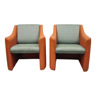 Late 20th Century Postmodern Orange Green Lounge Chairs by Global Upholstery Company LTD - A Pair For Sale