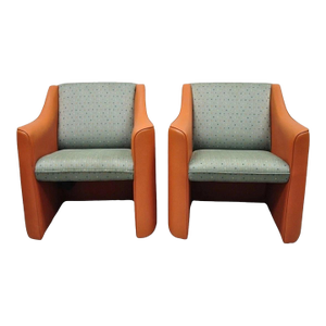 Late 20th Century Postmodern Orange Green Lounge Chairs by Global Upholstery Company LTD - A Pair