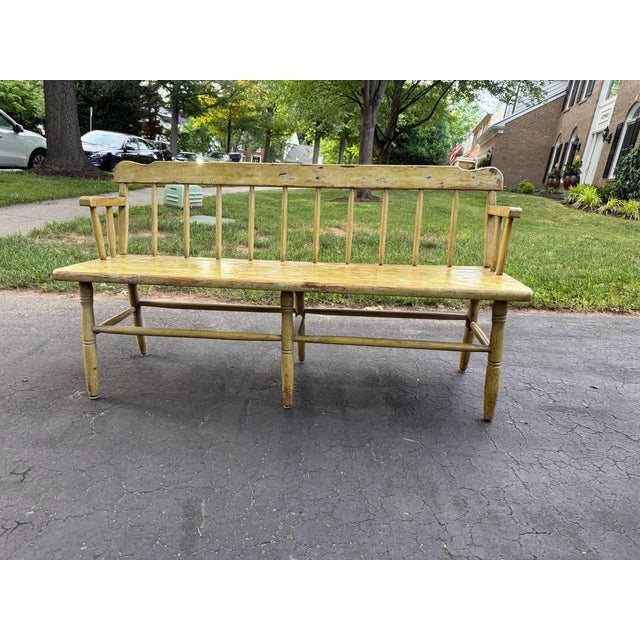 Vintage Early American Primitive Style Yellow Painted Deacon's Bench For Sale - Image 14 of 18