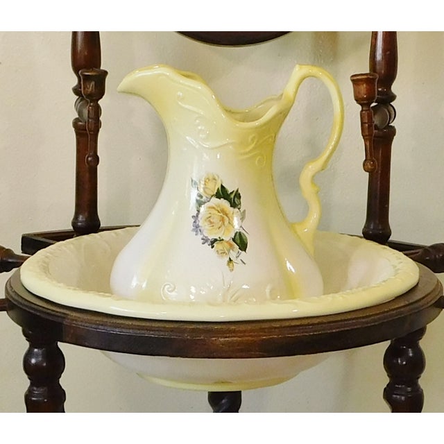 Vintage Yellow Ironstone Wash Bowl Basin & Pitcher With Wood Spiral Barley Twist Stand 3pc Set