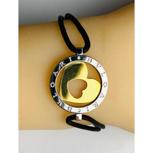 2010s Bvlgari “Tondo” 18k Yellow Gold Stainless Steel Double Heart Cord Bracelet For Sale - Image 5 of 8