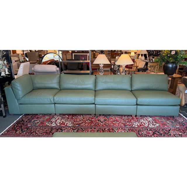 Contemporary Fitzgerald Modular Teal Leather Sofa With Storage Ottoman, Set For Sale - Image 3 of 17