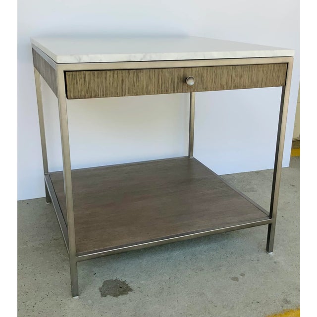 Stylish Organic Modern Wood and Marble Paxton Side Table, beige wood shelf and drawers, silver finshed metal frame, white...