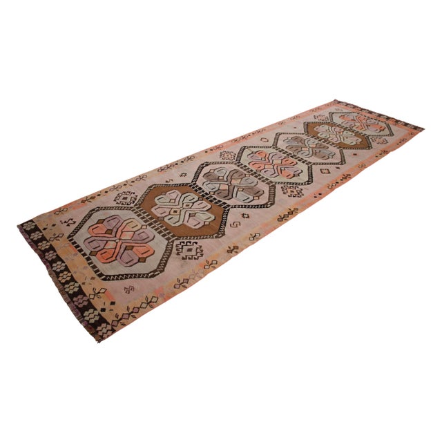 1960s Vintage Turkish Handmade Kilim Runner Rug Organic Woll Tribal Design Primitive Rug - 3′5″ × 12′8″ For Sale - Image 5 of 16