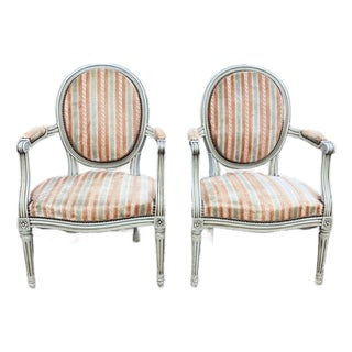 French 19th Century Louis XVI Painted Walnut Arm Chairs - Set of 2 For Sale