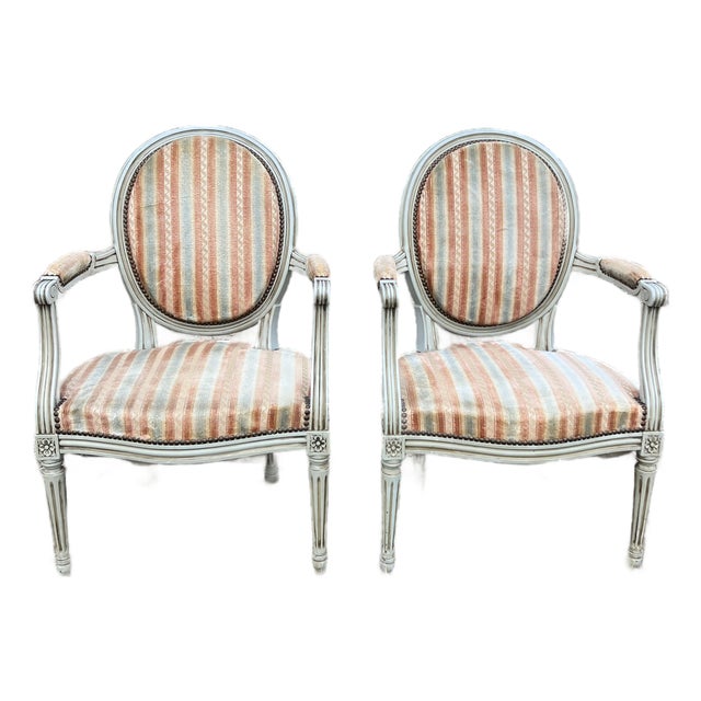 French 19th Century Louis XVI Painted Walnut Arm Chairs - Set of 2 For Sale