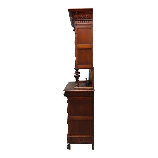 English Jacobean Carved Oak Sideboard With Ornate Stained Glass C1900 For Sale - Image 14 of 16