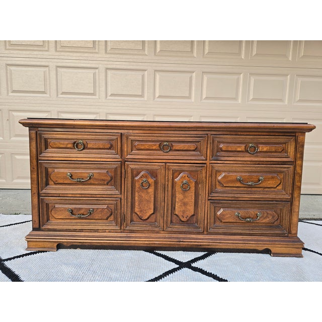Vintage Traditional Solid Wood 9-Drawer Dresser / Credenza With Glass Top For Sale - Image 4 of 13