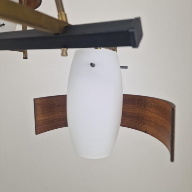 Mid-Century Italian Brass, Teak and Opaline Glass Chandelier attributed to Stilnovo, 1960s For Sale - Image 10 of 14